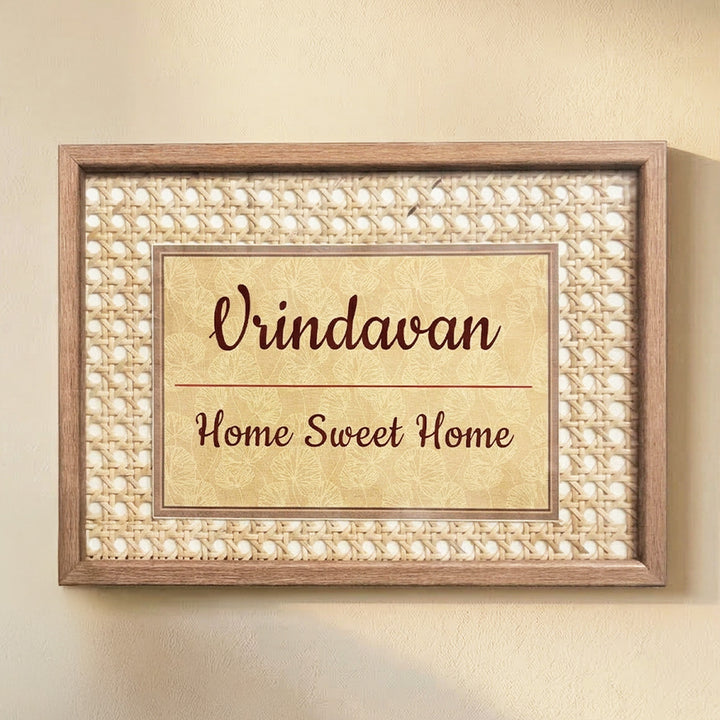 Handmade Floral Motif Rattan Name Plate With Wooden Frame
