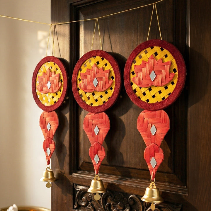 Set of 2 | "Saroj" Handcrafted Bamboo Lotus Wall Hanging with Metal Bell For Festive Decor