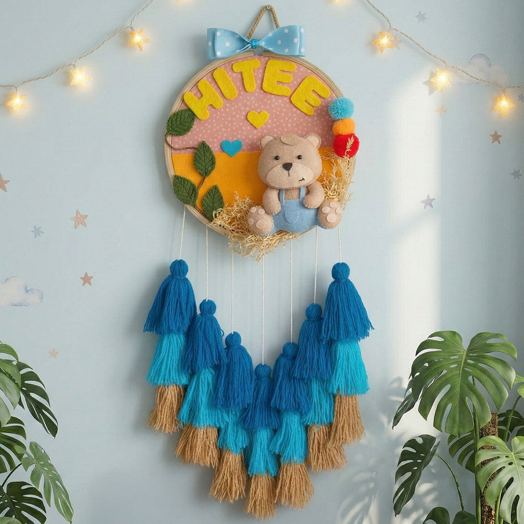 Personalized Blue Teddy Theme Kids Name Plate With Tassels