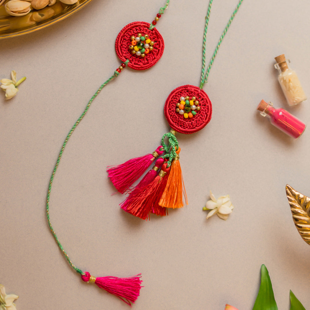 Intricate Crochet Coral Reef Bhaiya Bhabhi Rakhi-Lumba Set With Roli Chawal | Set of 2