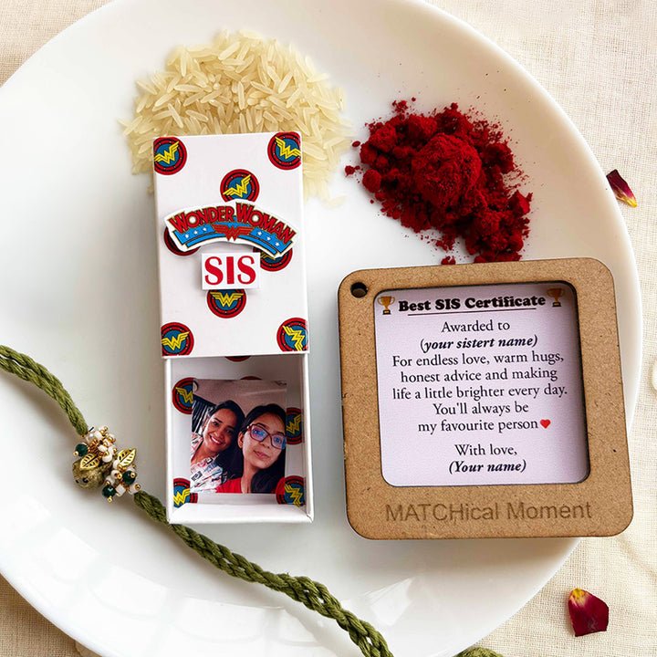 Personalized Photo "Wonder Woman" Theme Rakhi Gift for Sister | Rakhi, Matchbox Card & Photo Magnet Combo