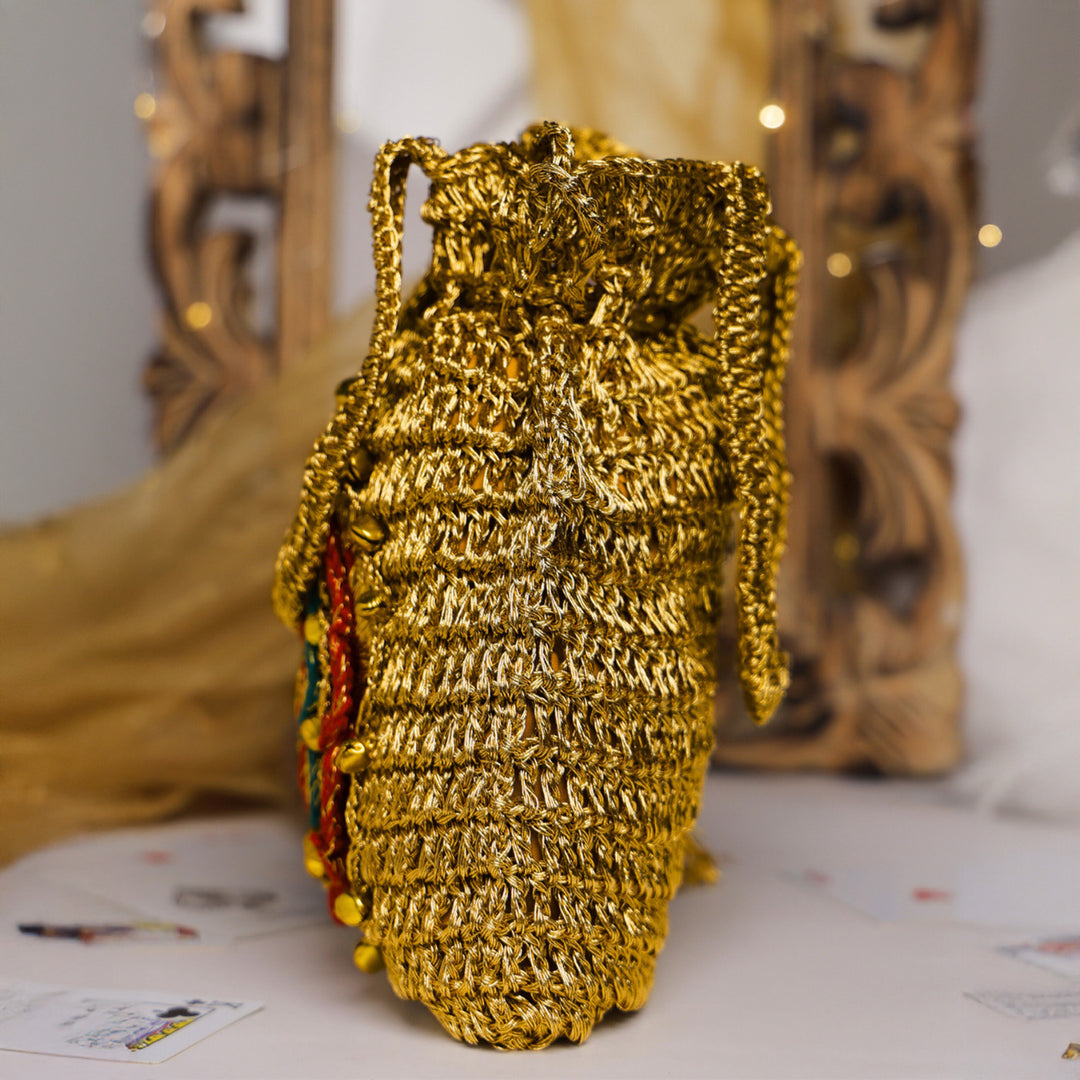 Handmade Crochet Golden Bloom Ghungroo Potli