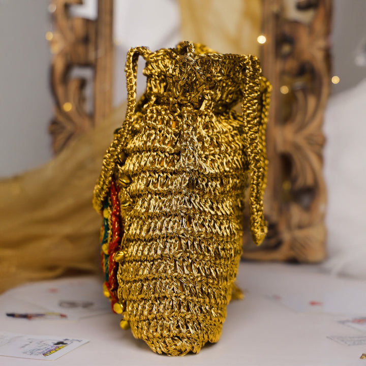 Handmade Crochet Golden Bloom Ghungroo Potli