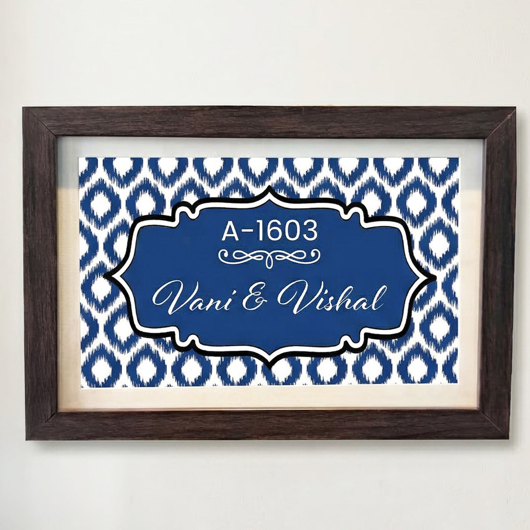 Handmade Blue Ikat Pattern Printed Name Plate With Wooden Frame