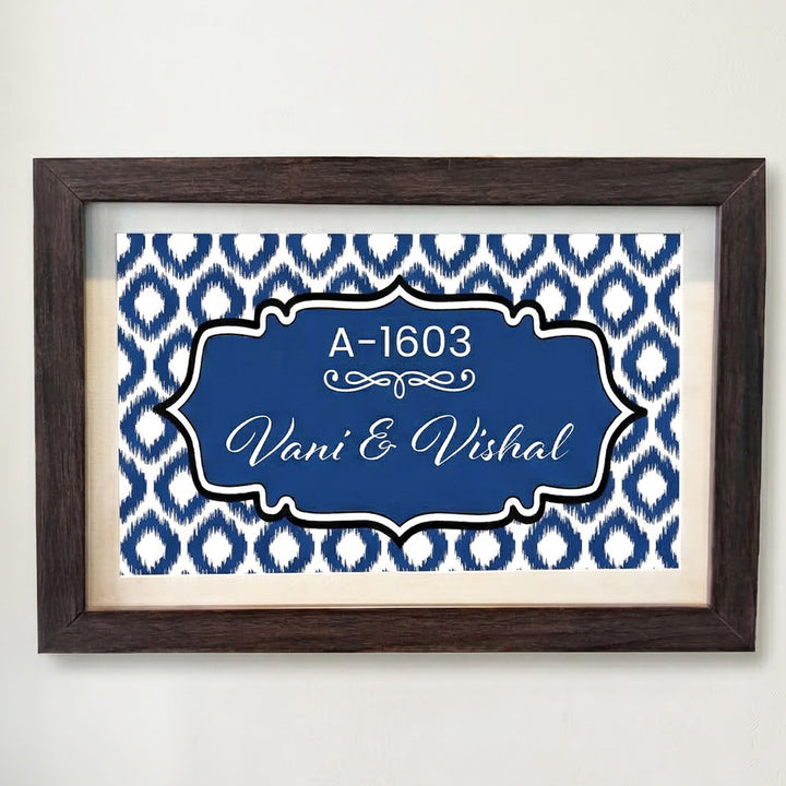 Handmade Blue Ikat Pattern Printed Name Plate With Wooden Frame