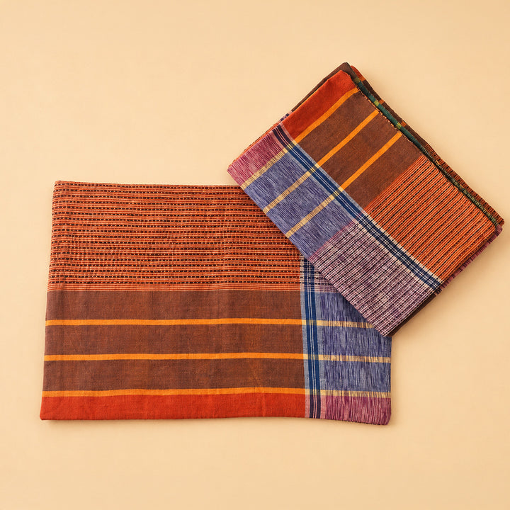 Handcrafted Orange Hand Kantha Gamcha Table Linen Gift Hamper With Runner And Table Mats For Festive Gifting