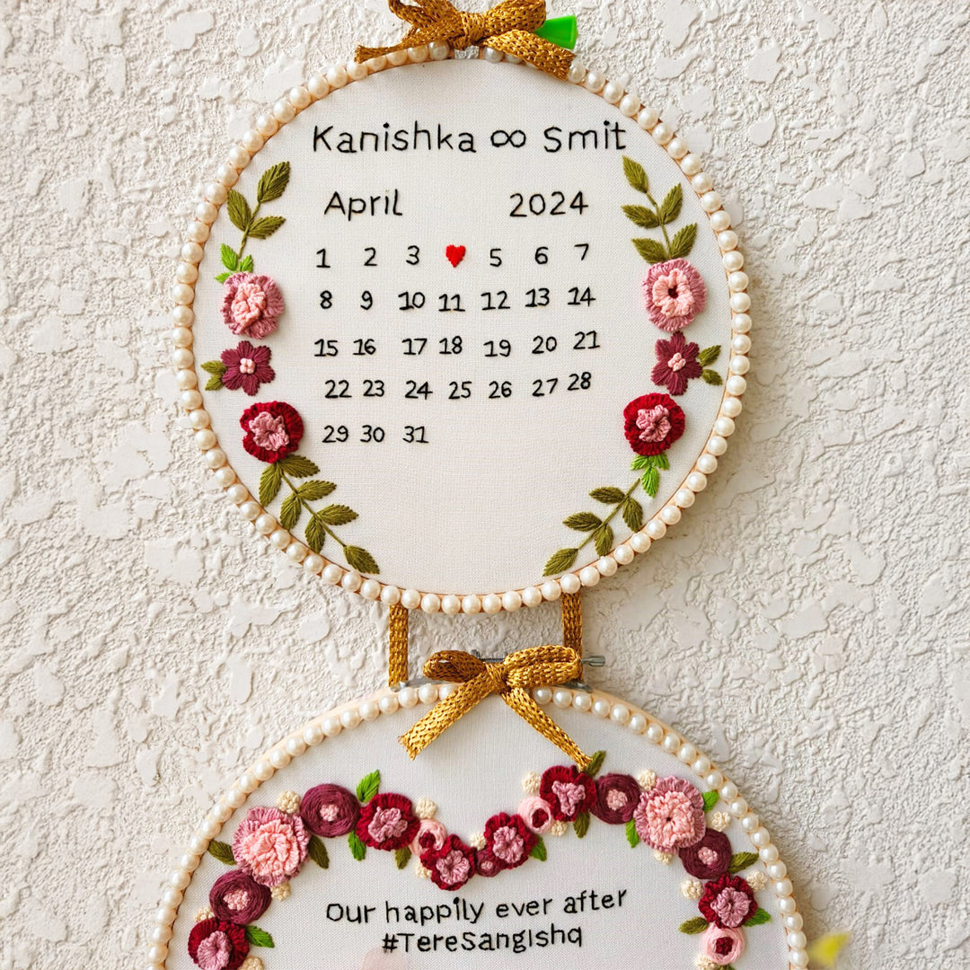 Personalized Embroidered Red Double Hoop Wedding Plaque With Tassels