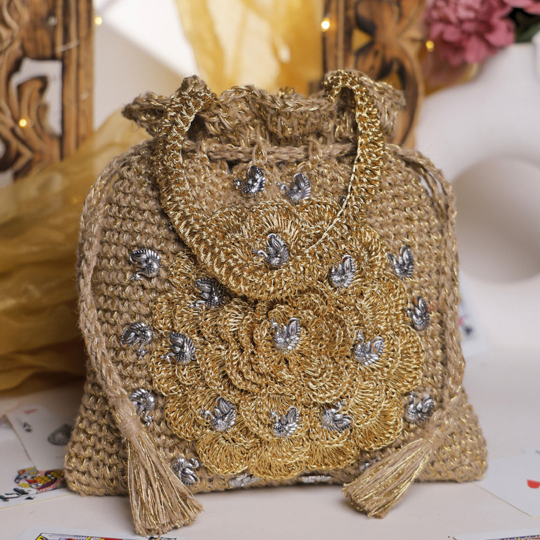 Handmade Crochet Peacock Shimmer Blossom Potli