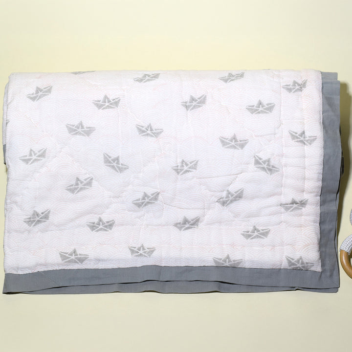 Hand Block Printed Greyscale Aquarium Quilt/Comforter