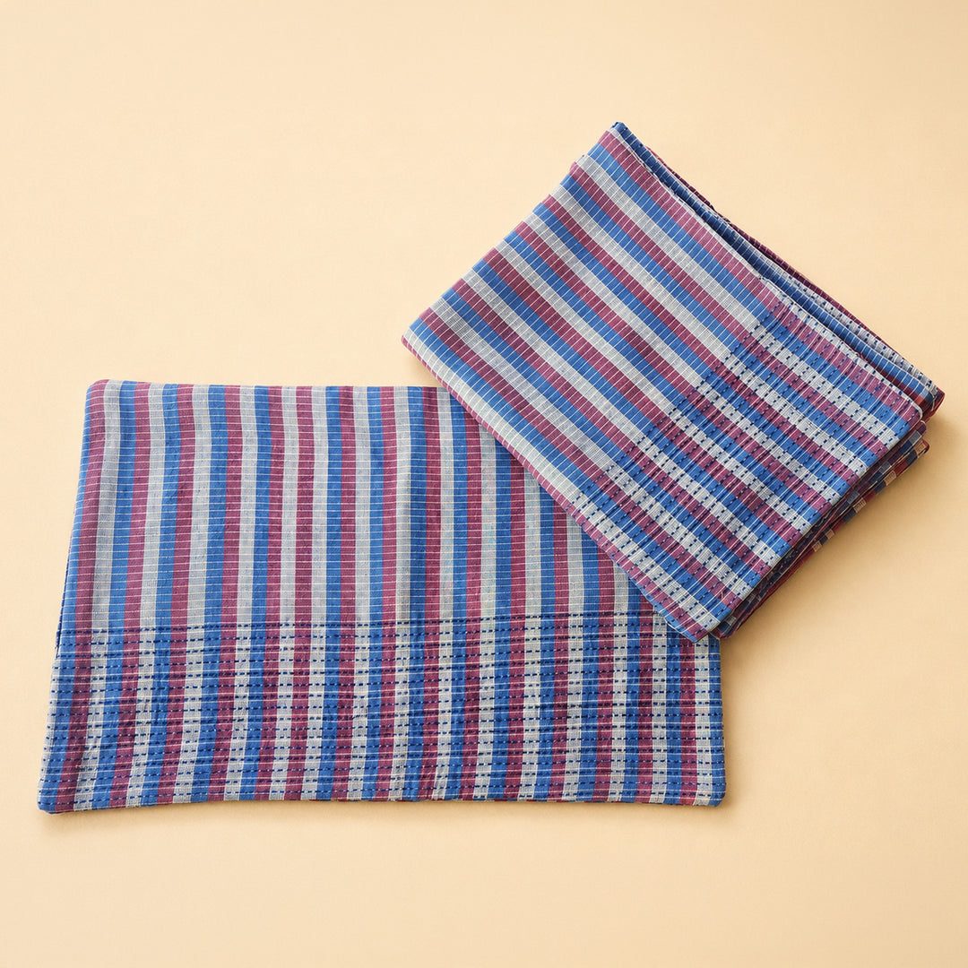 Handcrafted Blue Hand Kantha Gamcha Table Linen Gift Hamper With Runner And Table Mats For Festive Gifting