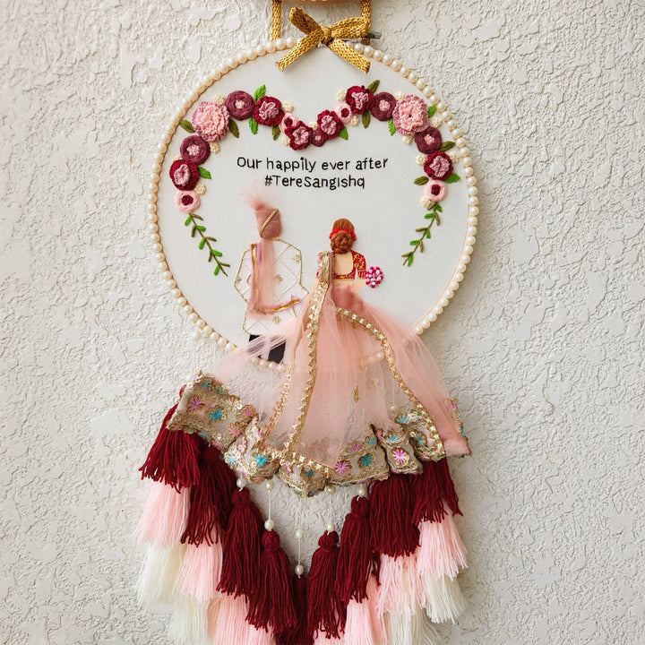 Personalized Embroidered Red Double Hoop Wedding Plaque With Tassels