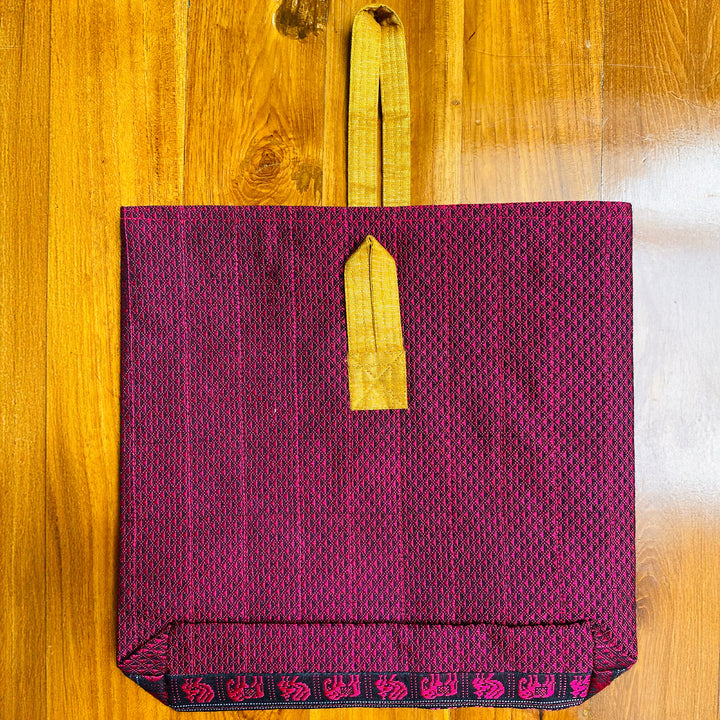 Handmade Pink Elephant & Peacock Motif Khunn Fabric Cotton Wrist Purse