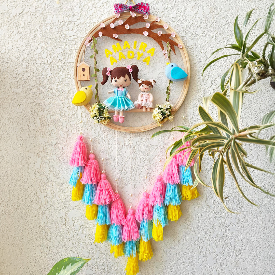 Personalized Garden Bloom Theme Kids Name Plate With Tassels For Siblings