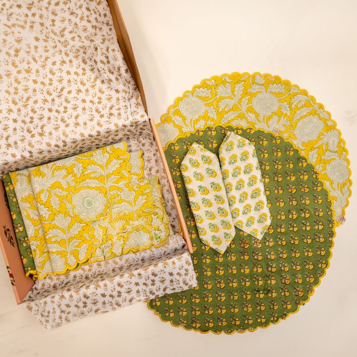 6 Pc | Green Scalloped Reversible Hand Block Printed Dining Table Mat Set