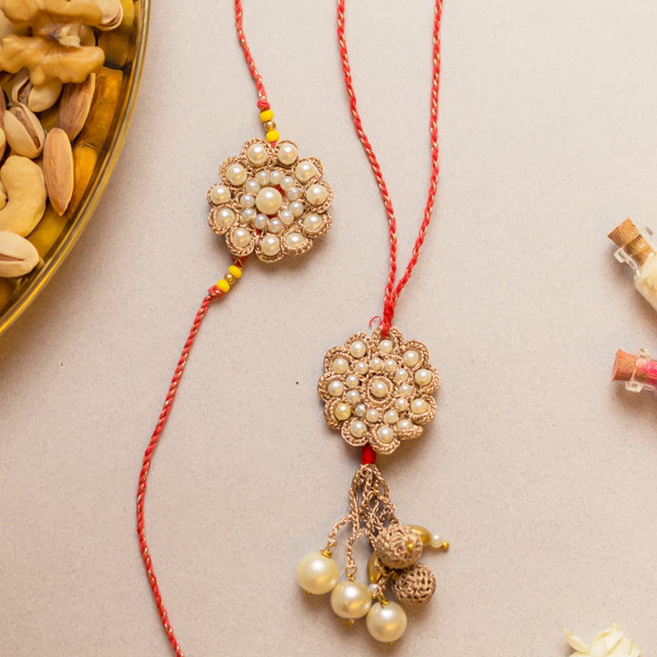 Intricate Crochet Celestial Bhaiya Bhabhi Rakhi-Lumba Set With Roli Chawal | Set of 2