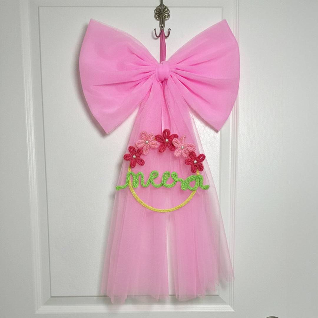 Personalized Knitted Wire Pink Bow Theme Kids Name Plate