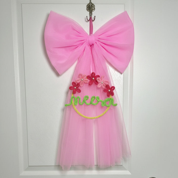 Personalized Knitted Wire Pink Bow Theme Kids Name Plate