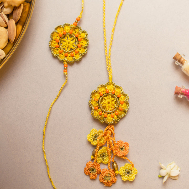 Intricate Crochet Soul Stich Bhaiya Bhabhi Rakhi-Lumba Set With Roli Chawal | Set of 2