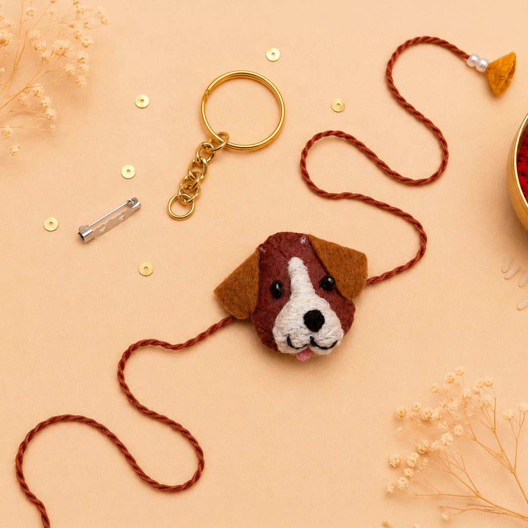 Hand Embroidered Dog Rakhi With Keychain For Brother
