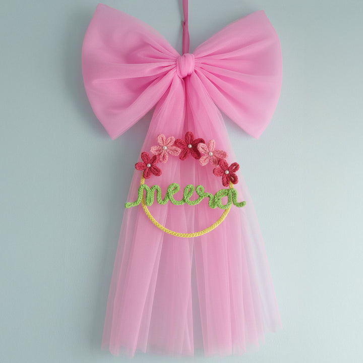 Personalized Knitted Wire Pink Bow Theme Kids Name Plate