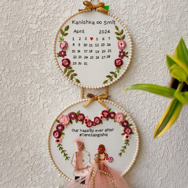 Personalized Embroidered Red Double Hoop Wedding Plaque With Tassels