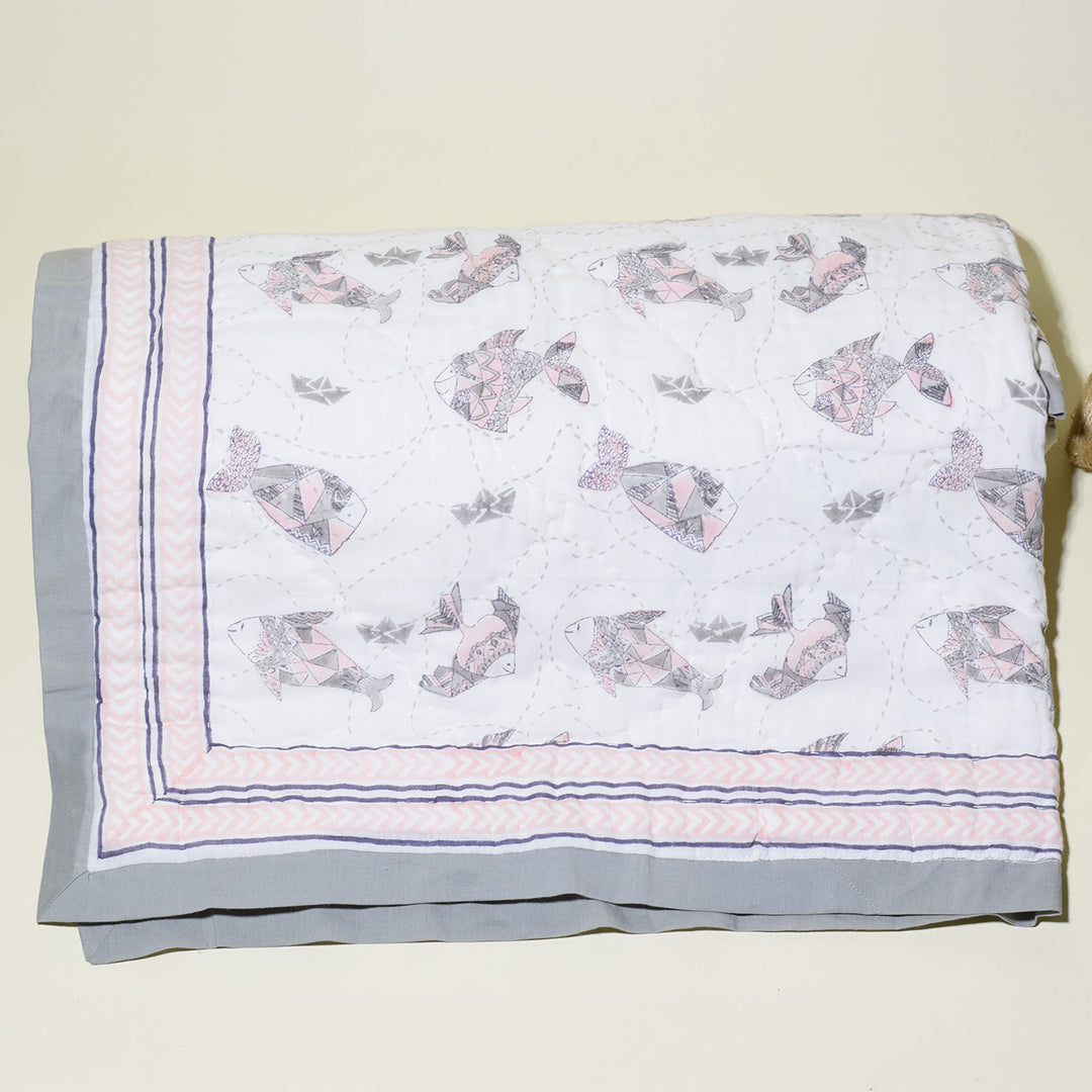 Hand Block Printed Greyscale Aquarium Quilt/Comforter