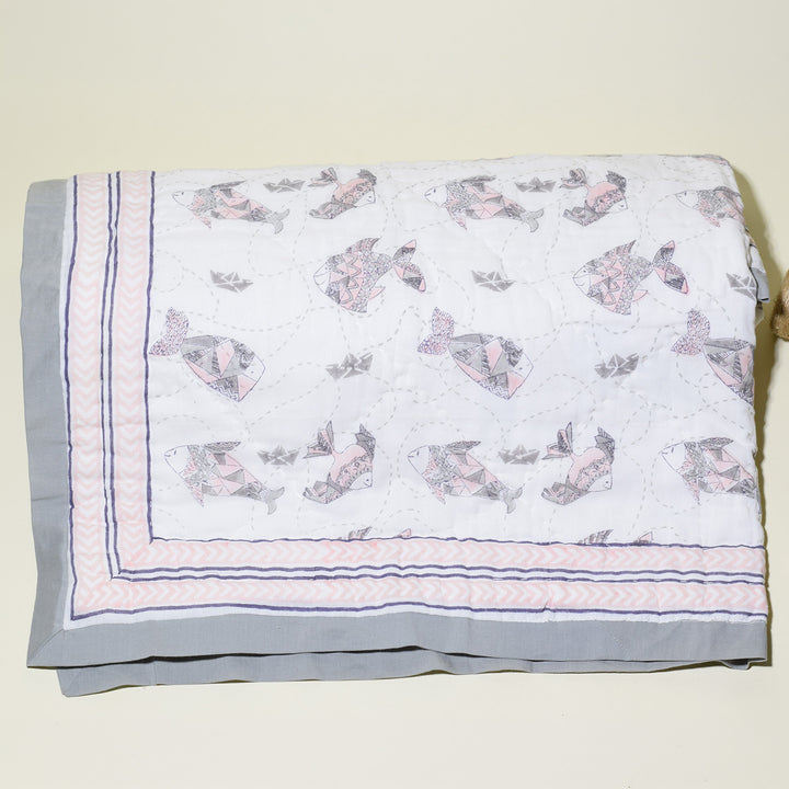Hand Block Printed Greyscale Aquarium Quilt/Comforter
