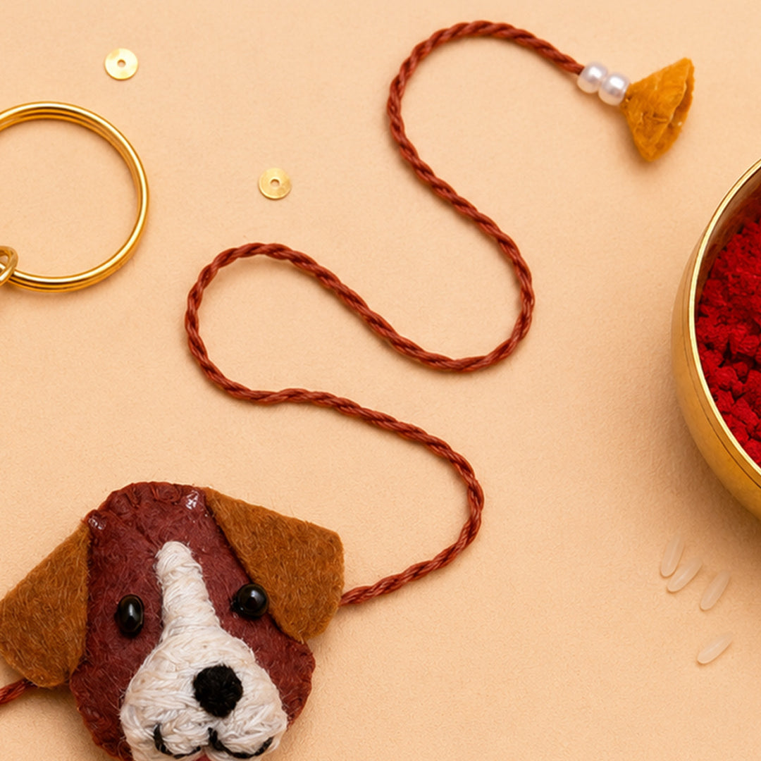 Hand Embroidered Dog Rakhi With Keychain For Brother