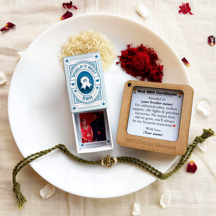 Personalized Photo "World's Best Brother" Quote Rakhi Gift for Brother | Rakhi, Matchbox Card & Photo Magnet Combo