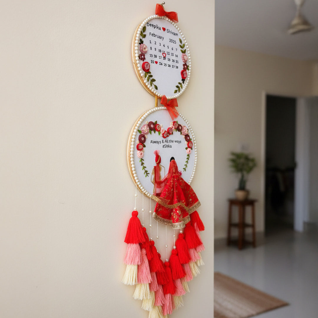 Personalized Embroidered Floral Double Hoop Wedding Plaque With Tassels