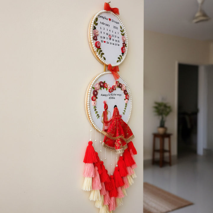 Personalized Embroidered Floral Double Hoop Wedding Plaque With Tassels