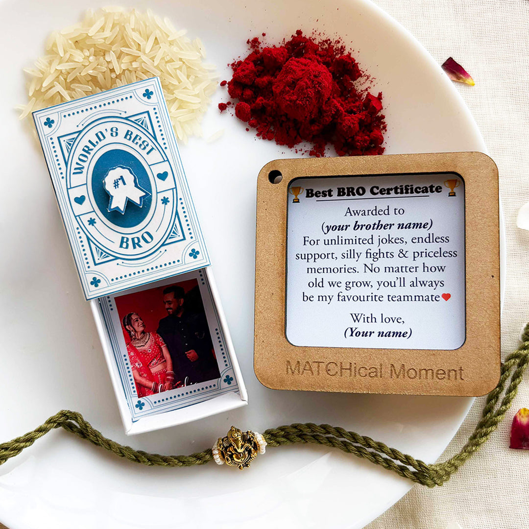Personalized Photo "World's Best Brother" Quote Rakhi Gift for Brother | Rakhi, Matchbox Card & Photo Magnet Combo