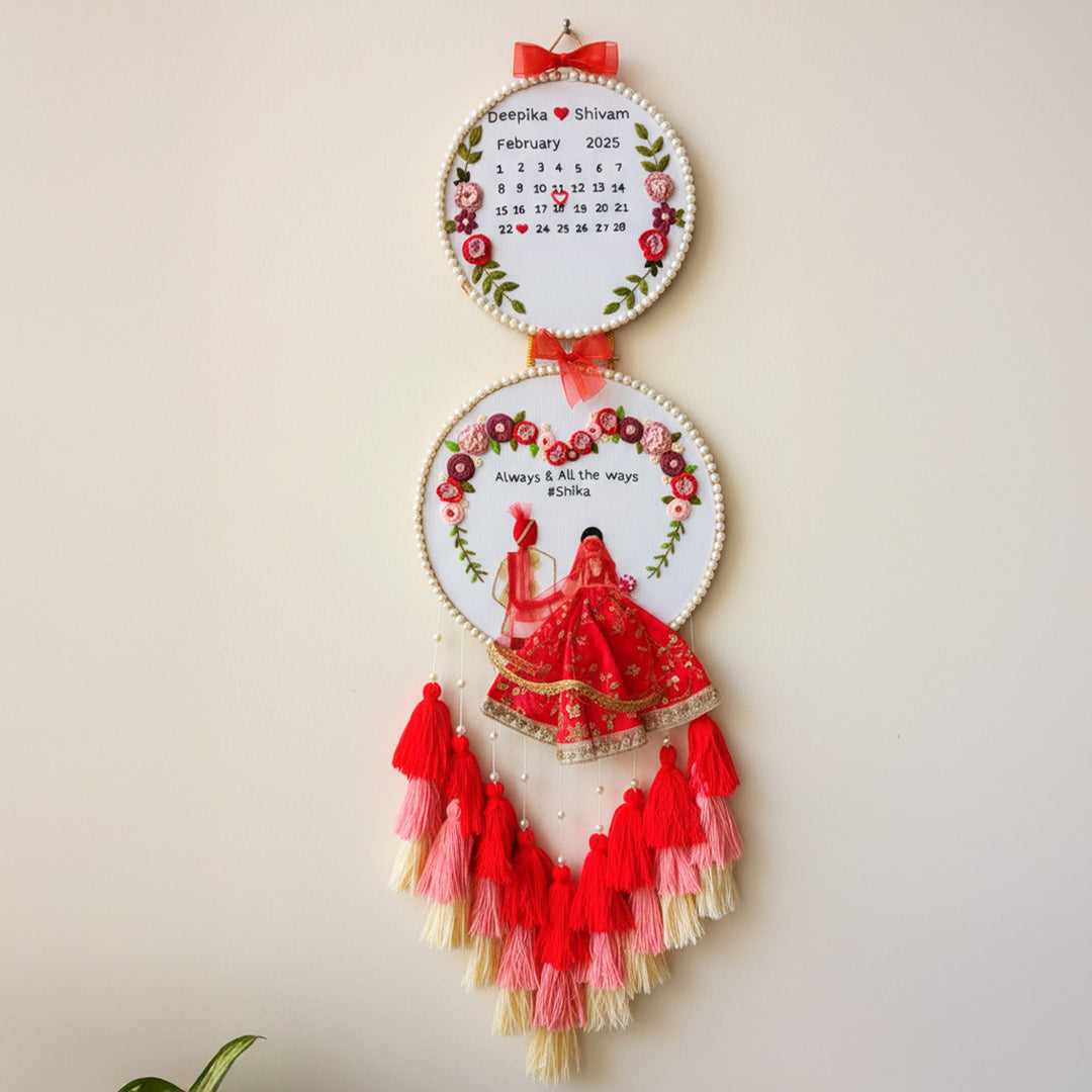 Personalized Embroidered Floral Double Hoop Wedding Plaque With Tassels