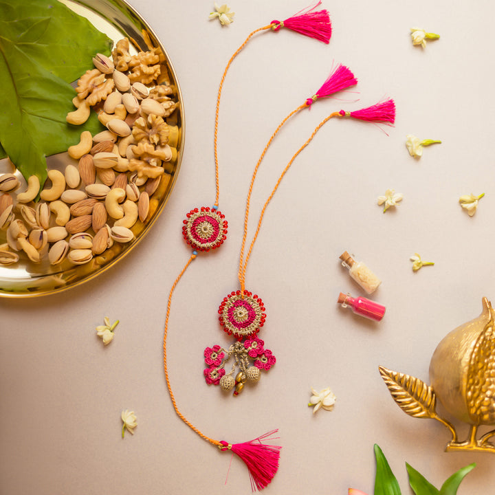 Intricate Crochet Pink Twilight Bhaiya Bhabhi Rakhi-Lumba Set With Roli Chawal | Set of 2