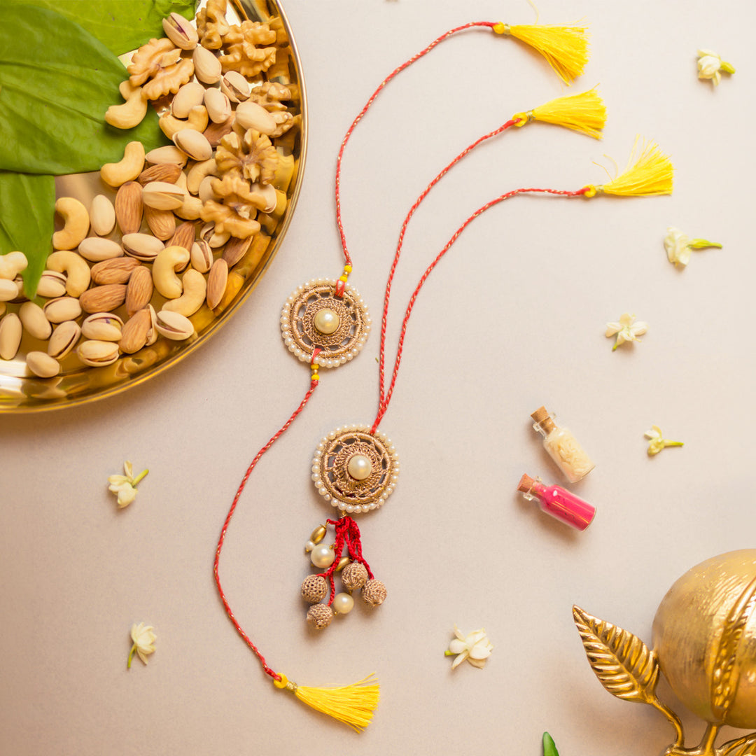 Intricate Crochet Antique Pearl Bhaiya Bhabhi Rakhi-Lumba Set With Roli Chawal | Set of 2