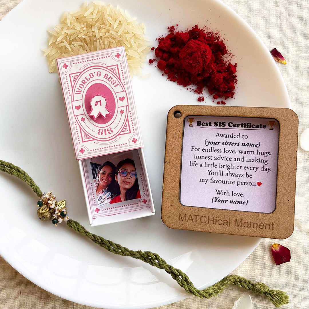 Personalized Photo "World's Best Sister" Quote Rakhi Gift for Sister | Rakhi, Matchbox Card & Photo Magnet Combo