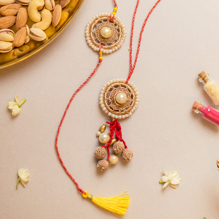 Intricate Crochet Antique Pearl Bhaiya Bhabhi Rakhi-Lumba Set With Roli Chawal | Set of 2