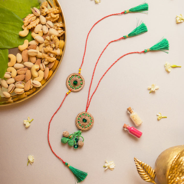 Intricate Crochet Green Jewel Bhaiya Bhabhi Rakhi-Lumba Set With Roli Chawal | Set of 2