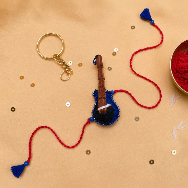 Hand Embroidered Guitar Rakhi With Keychain For Brother