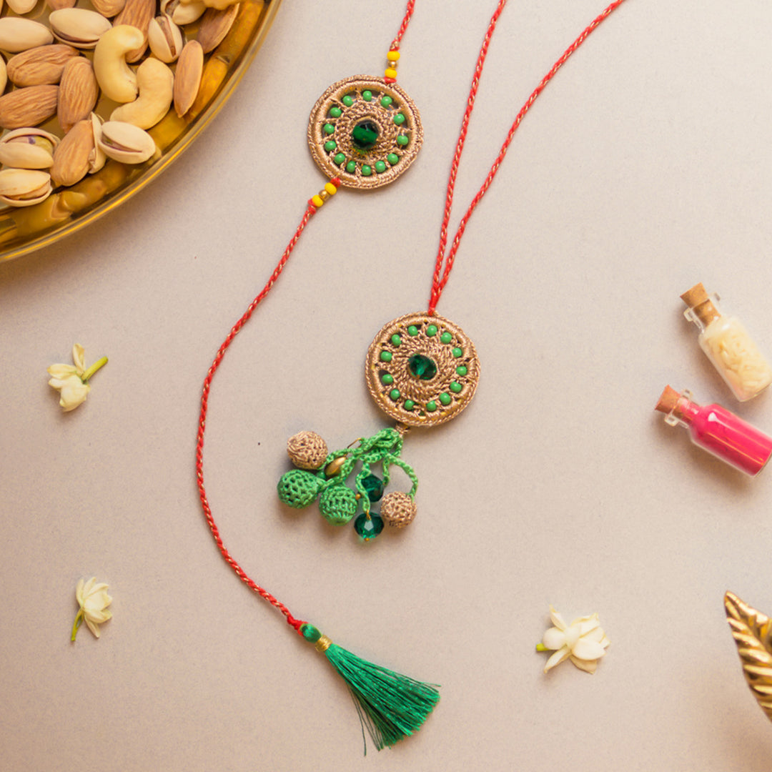 Intricate Crochet Green Jewel Bhaiya Bhabhi Rakhi-Lumba Set With Roli Chawal | Set of 2