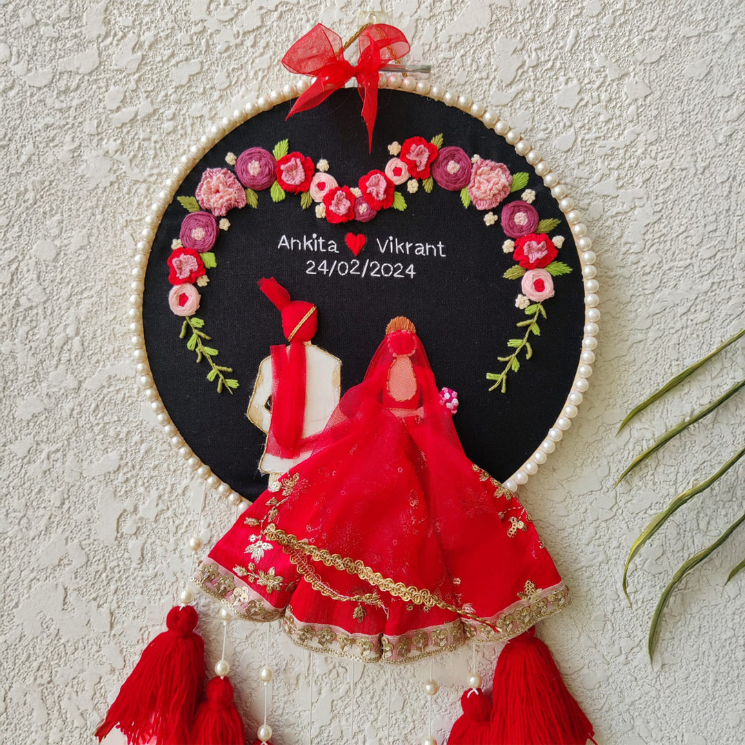 Personalized Embroidered Red & Black Wedding Plaque With Tassels