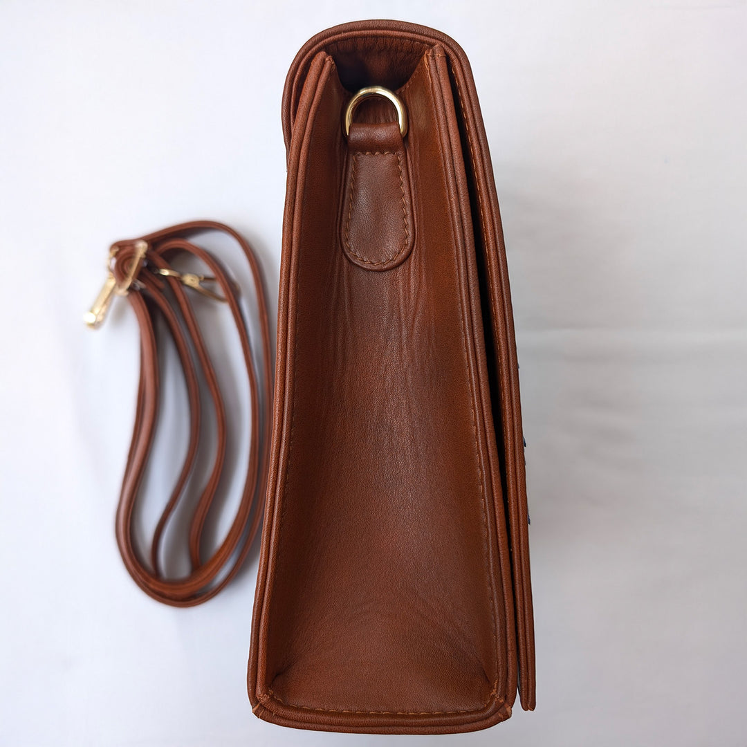 Shimmering Sequins Brown Leather Sling Bag