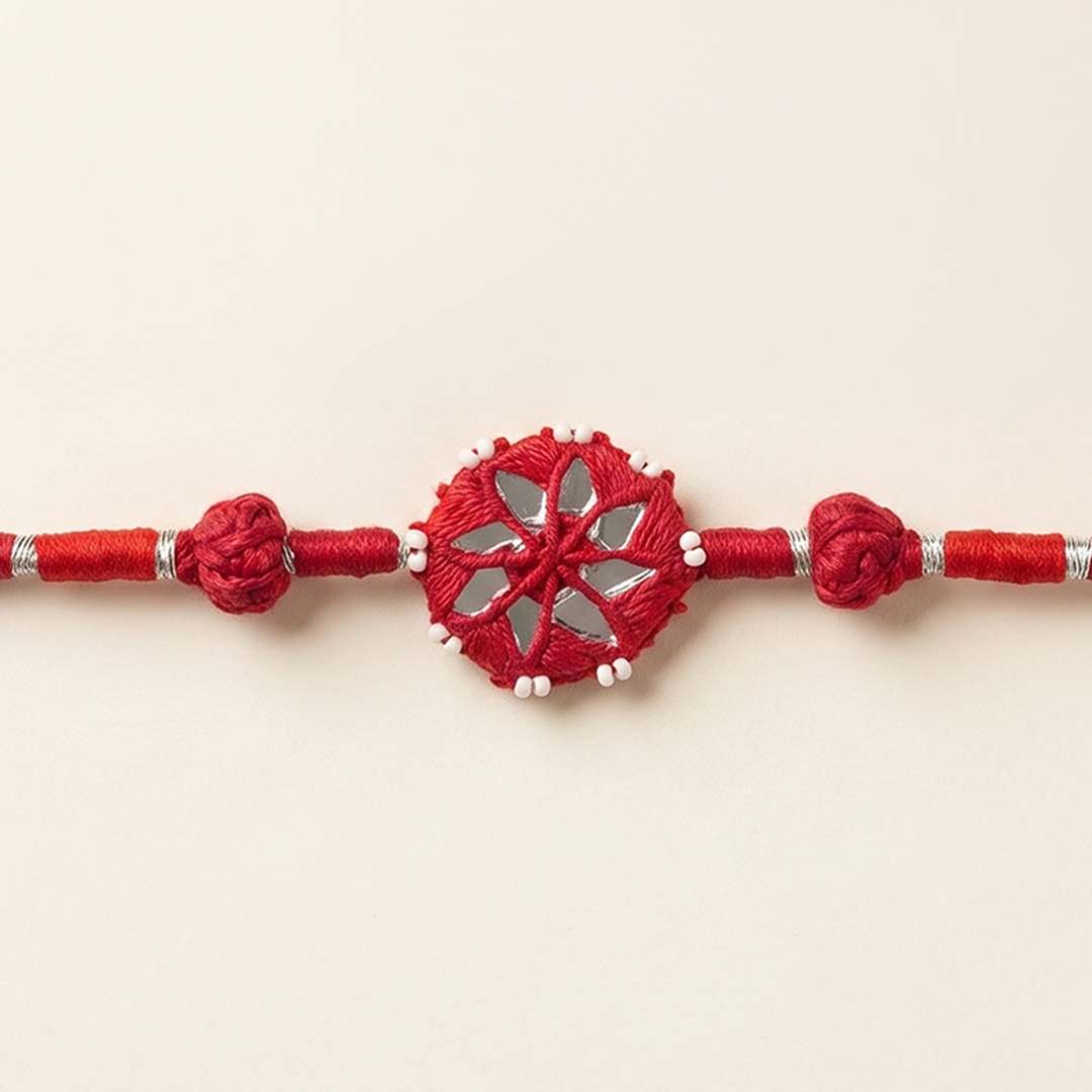 Handmade Mirror Work Patwa Rani Pink Cotton Rakhi With Roli Chawal
