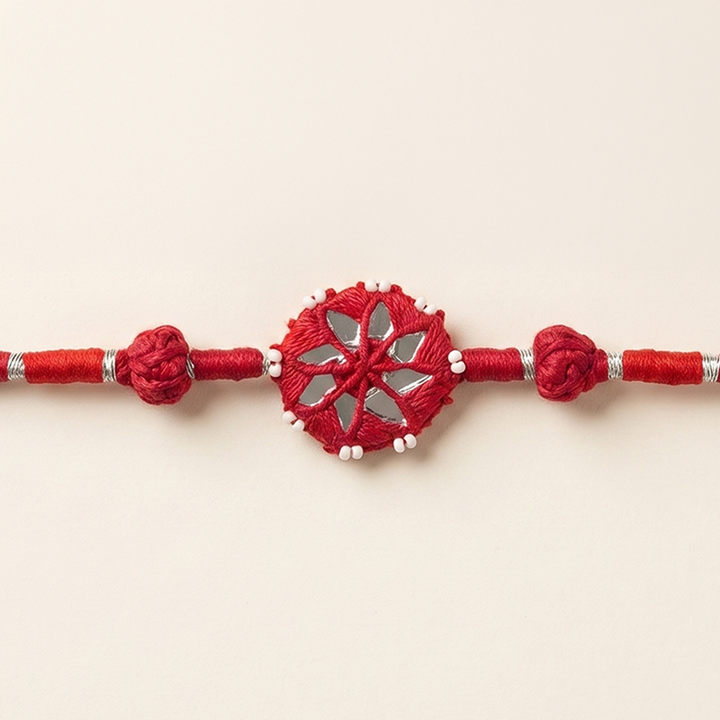 Handmade Mirror Work Patwa Rani Pink Cotton Rakhi With Roli Chawal