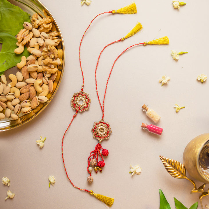 Intricate Crochet Red Pearl Bhaiya Bhabhi Rakhi-Lumba Set With Roli Chawal | Set of 2