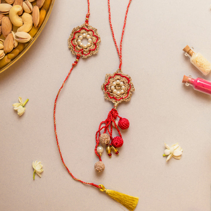 Intricate Crochet Red Pearl Bhaiya Bhabhi Rakhi-Lumba Set With Roli Chawal | Set of 2