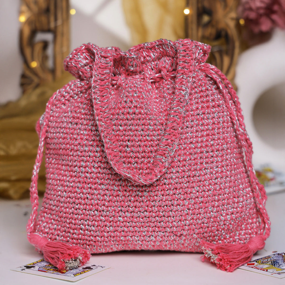 Handmade Crochet Pink & Silver Bloom Potli