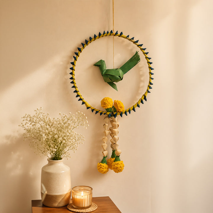 Chirraiya Handcrafted Palm Leaf Wall Hanging With Crochet Marigolds For Festive Decor