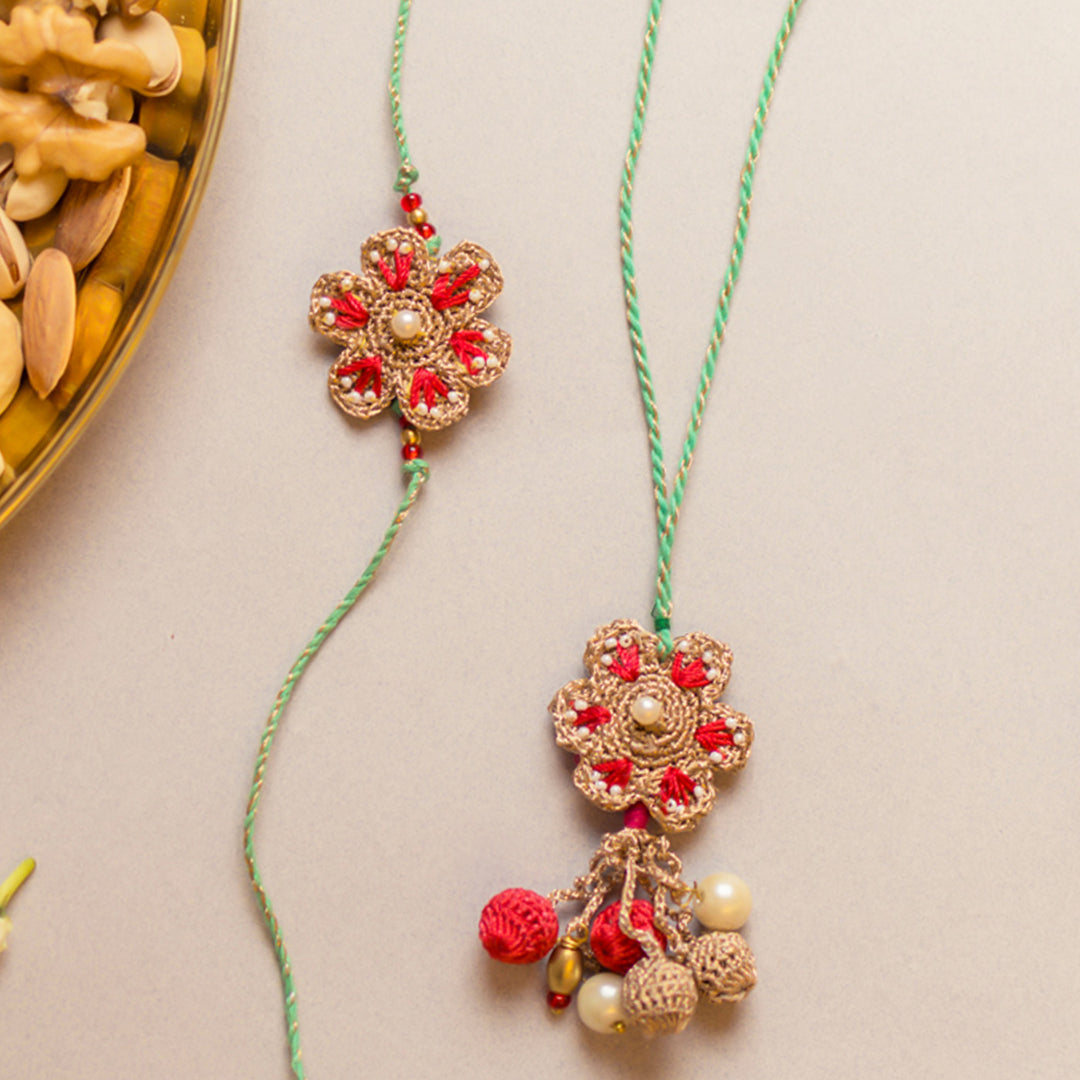Intricate Crochet Coral Red Bhaiya Bhabhi Rakhi-Lumba Set With Roli Chawal | Set of 2