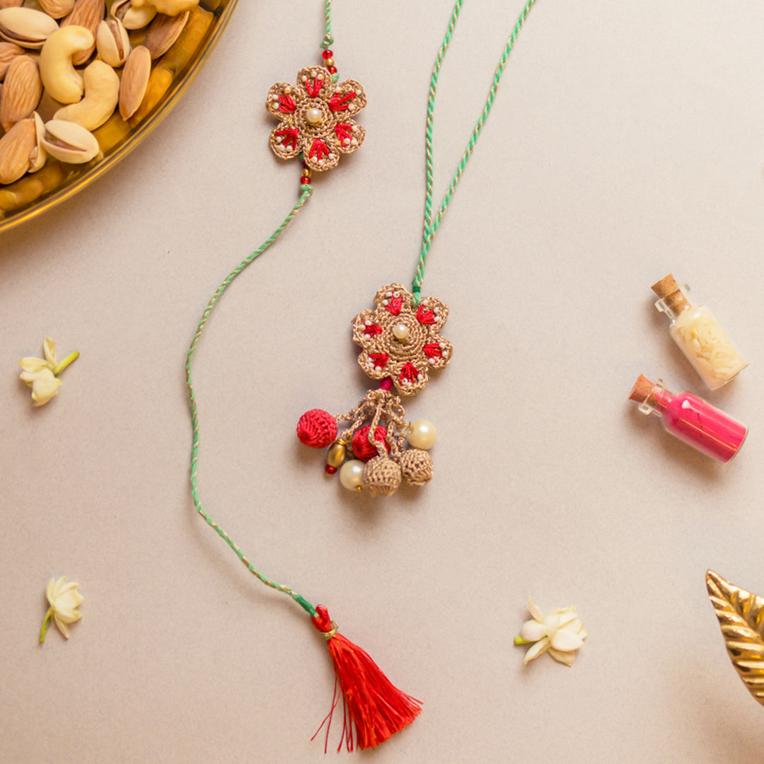 Intricate Crochet Coral Red Bhaiya Bhabhi Rakhi-Lumba Set With Roli Chawal | Set of 2